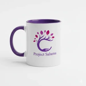 Project Salama branded mug with purple handle and interior