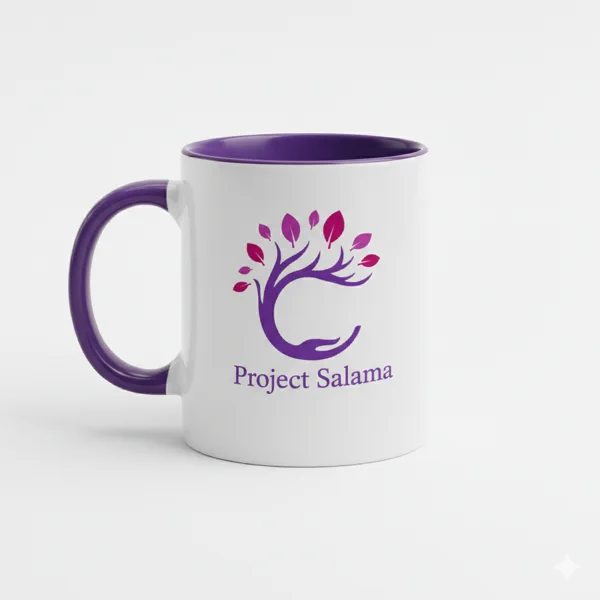 Project Salama branded mug with purple handle and interior